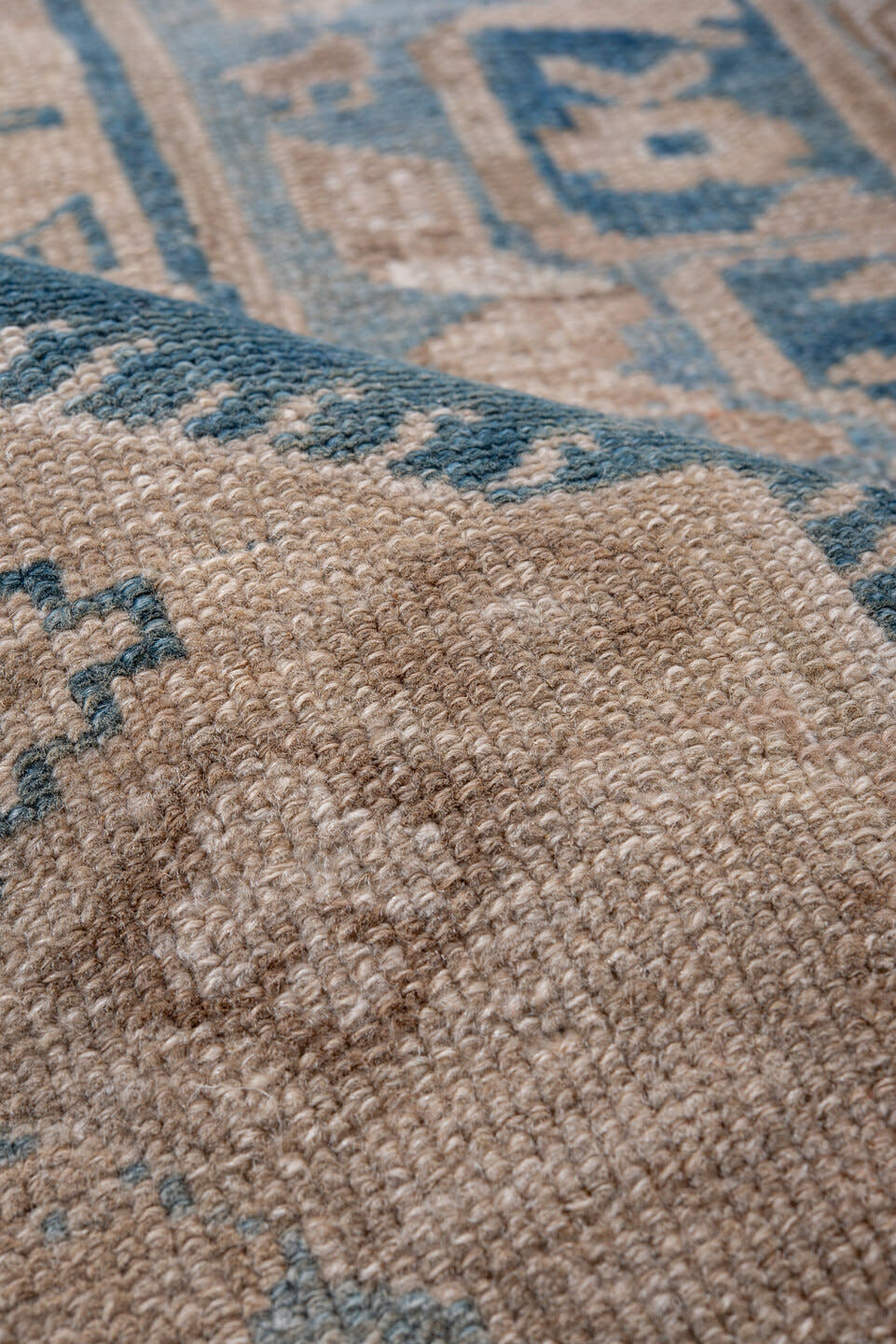 4' x 5' one-of-a-kind handmade vintage Malayer small size rug. Color palette: blue, ivory, taupe, camel, light blue, brown