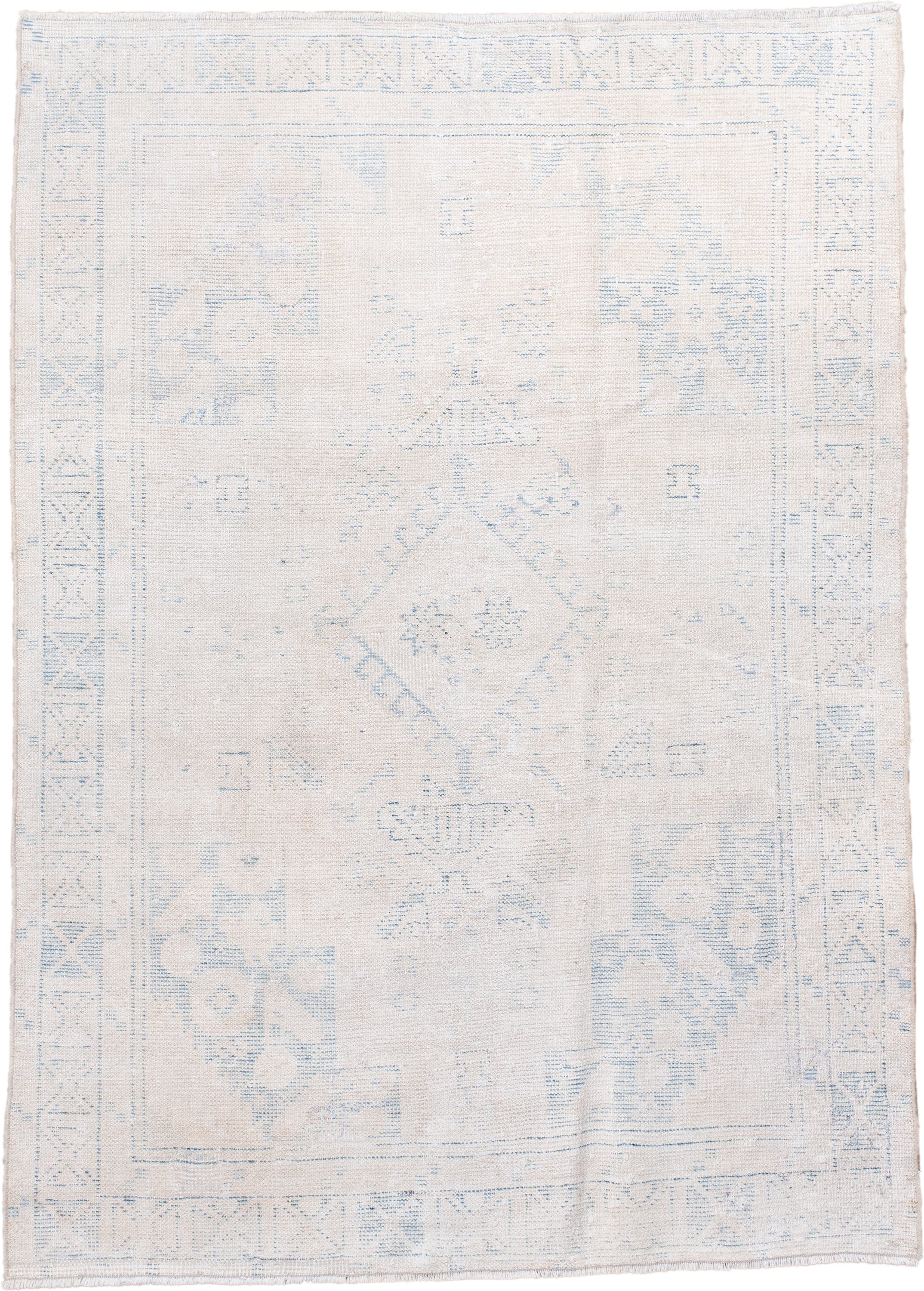 4' x 6' one-of-a-kind handmade antique Veece small size rug. Color palette: ivory, pale blue, cream, light blue