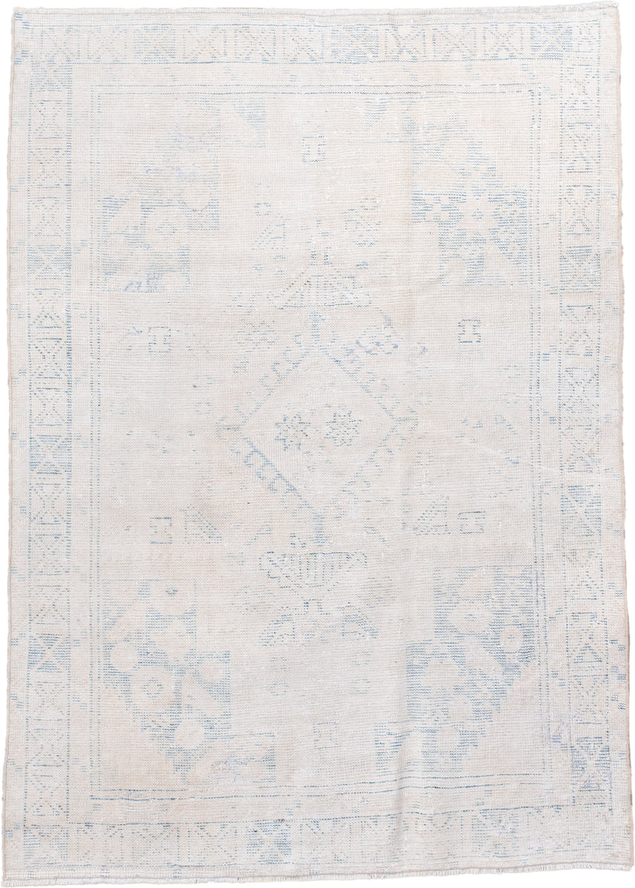 4' x 6' one-of-a-kind handmade antique Veece small size rug. Color palette: ivory, pale blue, cream, light blue
