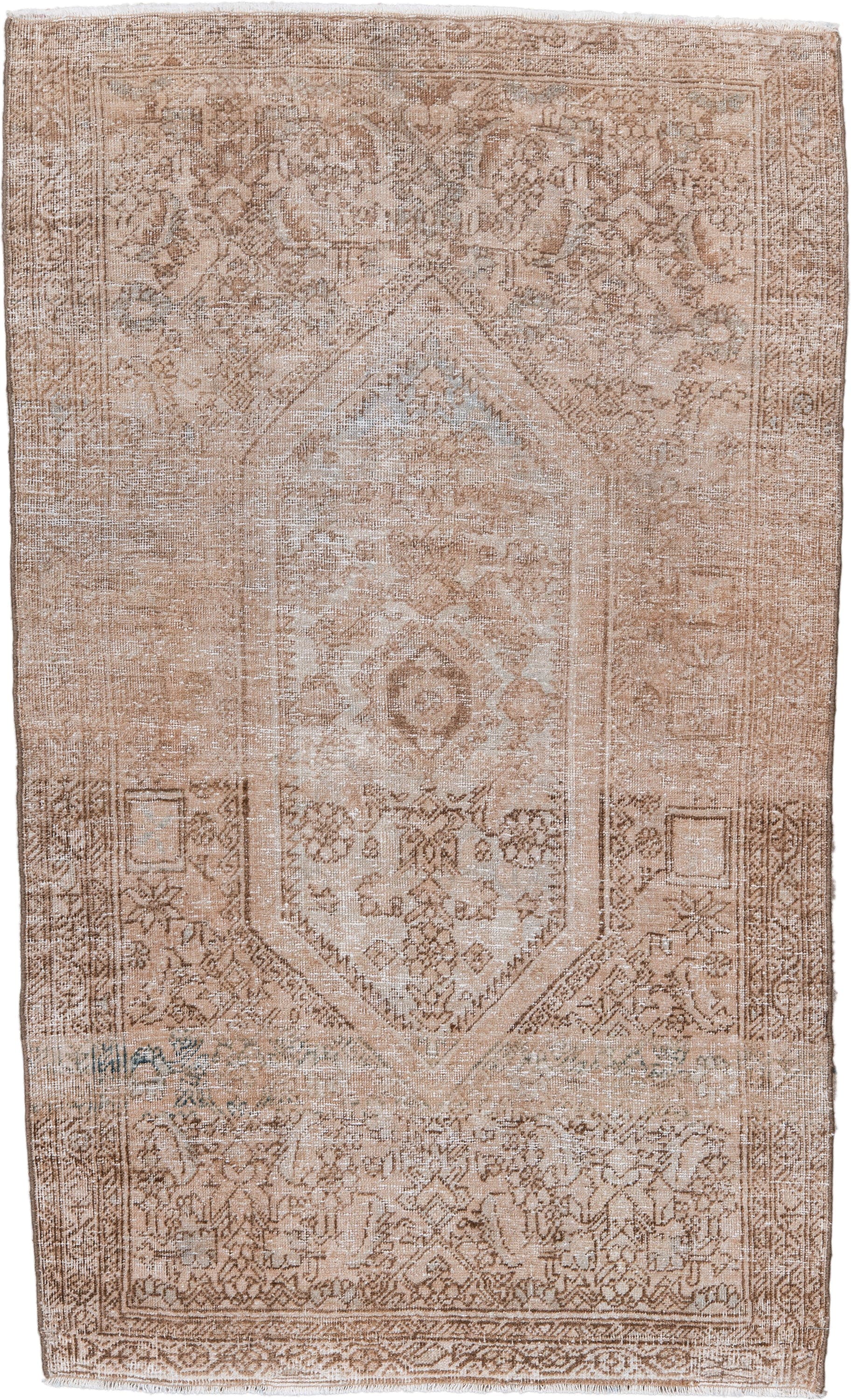 2' x 4' one-of-a-kind handmade vintage Sarouk small size rug. Color palette: camel, ivory, taupe, beige, sage, gray, green