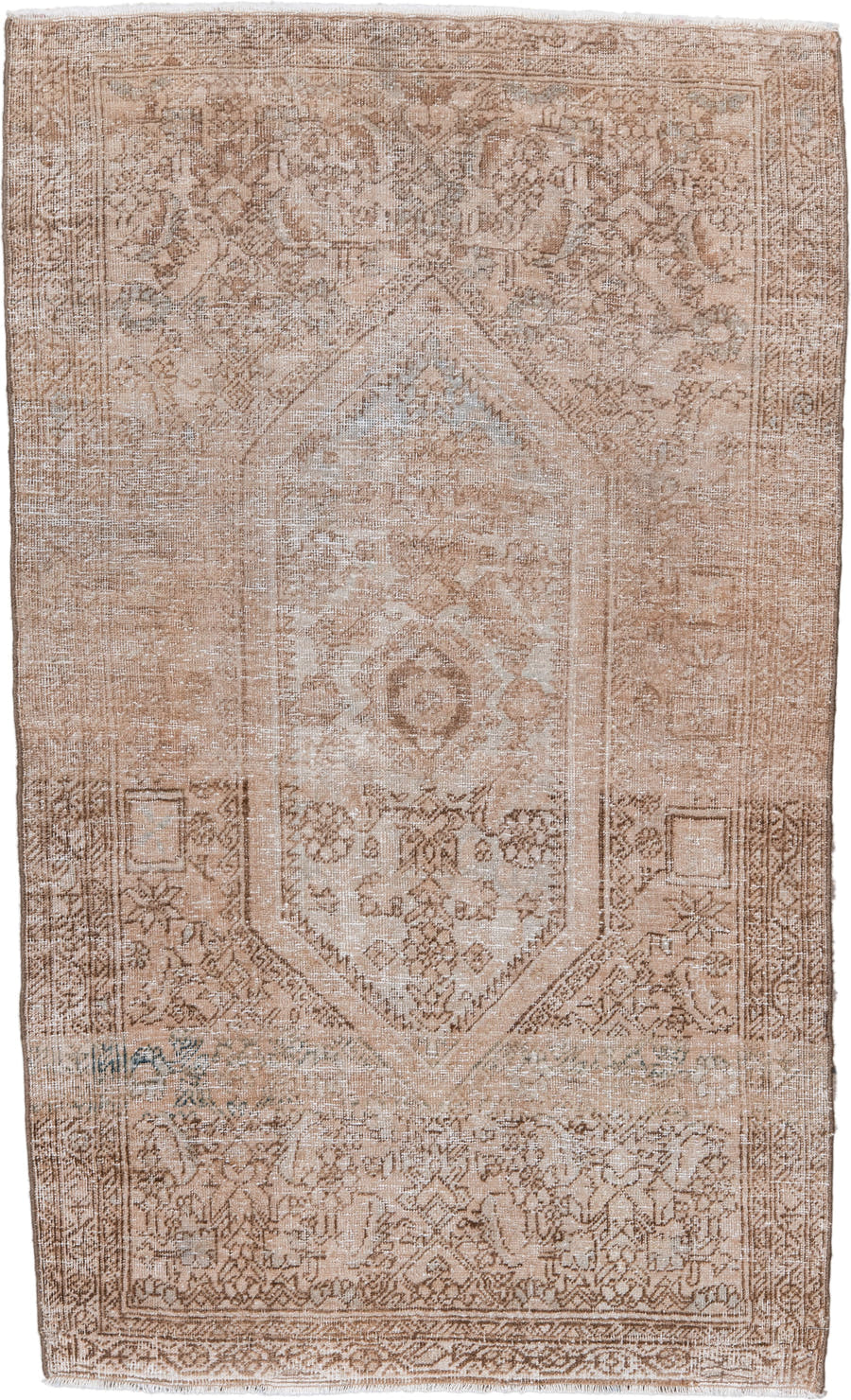 2' x 4' one-of-a-kind handmade vintage Sarouk small size rug. Color palette: camel, ivory, taupe, beige, sage, gray, green