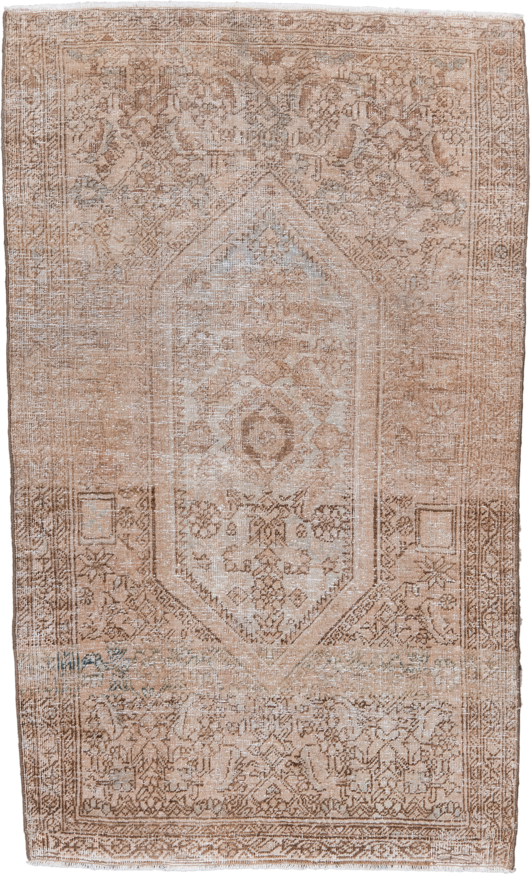 2' x 4' one-of-a-kind handmade vintage Sarouk small size rug. Color palette: camel, ivory, taupe, beige, sage, gray, green