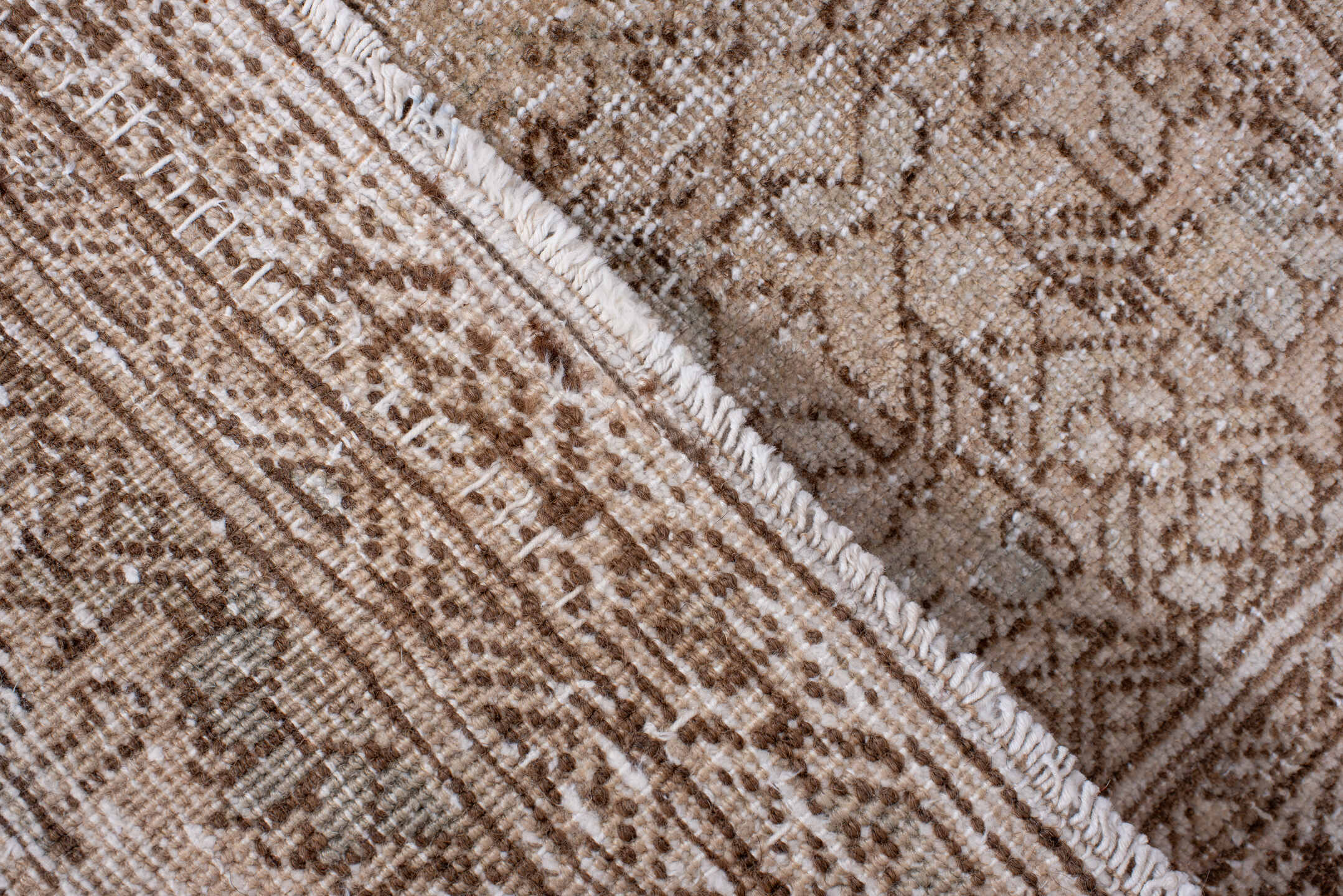 2' x 4' one-of-a-kind handmade vintage Sarouk small size rug. Color palette: camel, ivory, taupe, beige, sage, gray, green