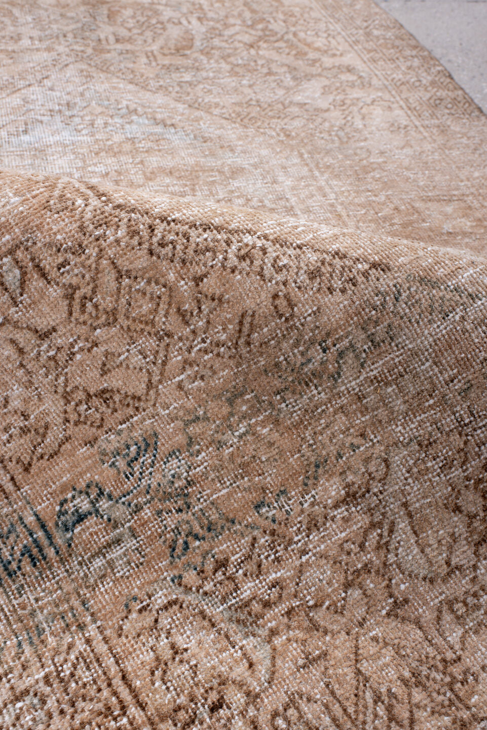 2' x 4' one-of-a-kind handmade vintage Sarouk small size rug. Color palette: camel, ivory, taupe, beige, sage, gray, green