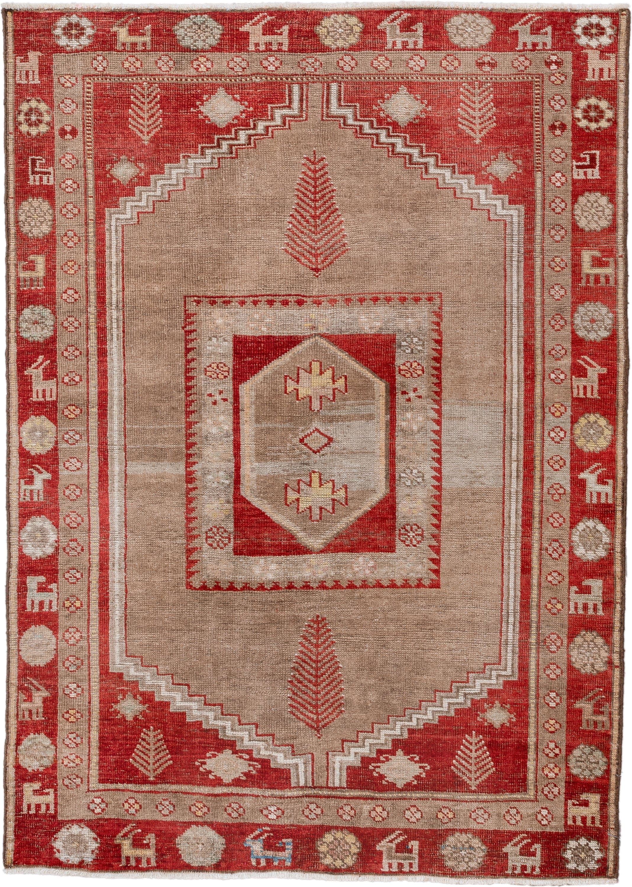 3' x 4' one-of-a-kind handmade vintage Anatolian small size rug. Color palette: rust, taupe, ivory, red, beige, camel, gold
