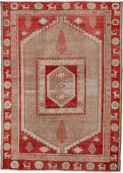 3' x 4' one-of-a-kind handmade vintage Anatolian small size rug. Color palette: rust, taupe, ivory, red, beige, camel, gold