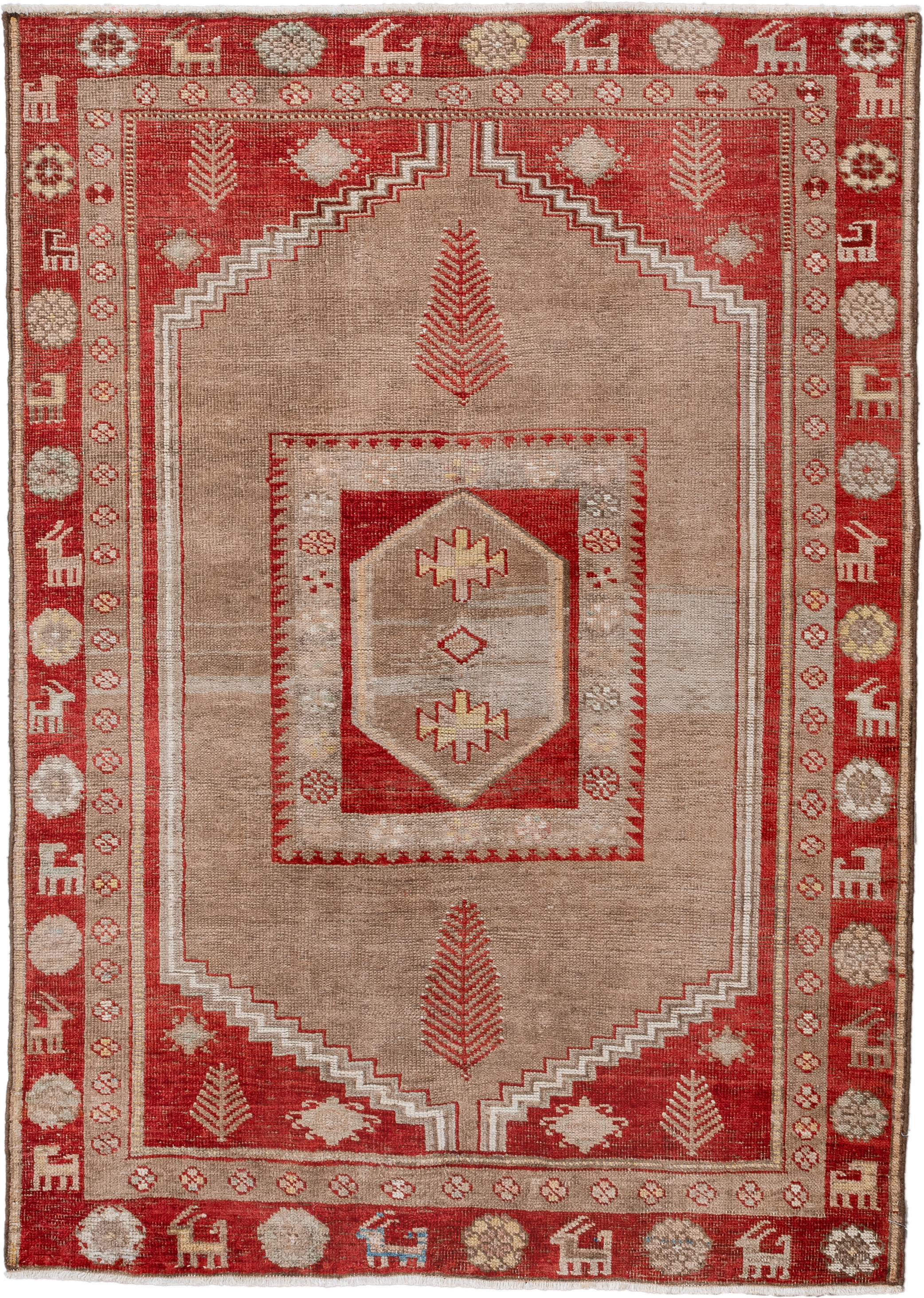 3' x 4' one-of-a-kind handmade vintage Anatolian small size rug. Color palette: rust, taupe, ivory, red, beige, camel, gold