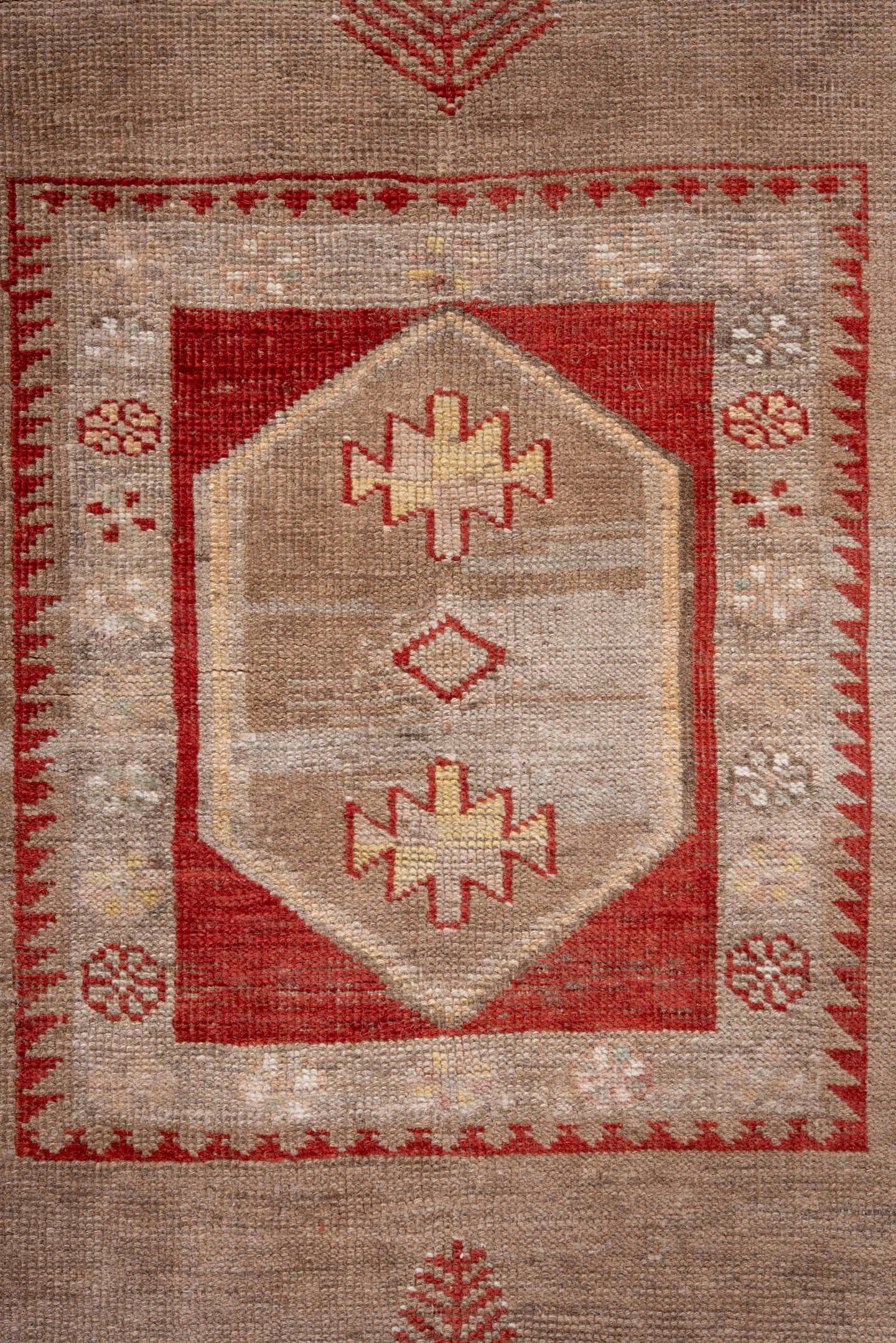 3' x 4' one-of-a-kind handmade vintage Anatolian small size rug. Color palette: rust, taupe, ivory, red, beige, camel, gold
