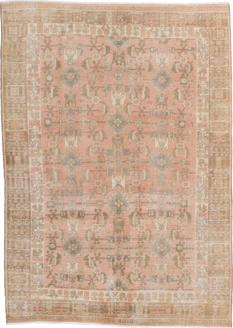 3' x 5' one-of-a-kind handmade vintage Abadeh small size rug. Color palette: rose, taupe, camel, ivory, sage, peach, sand