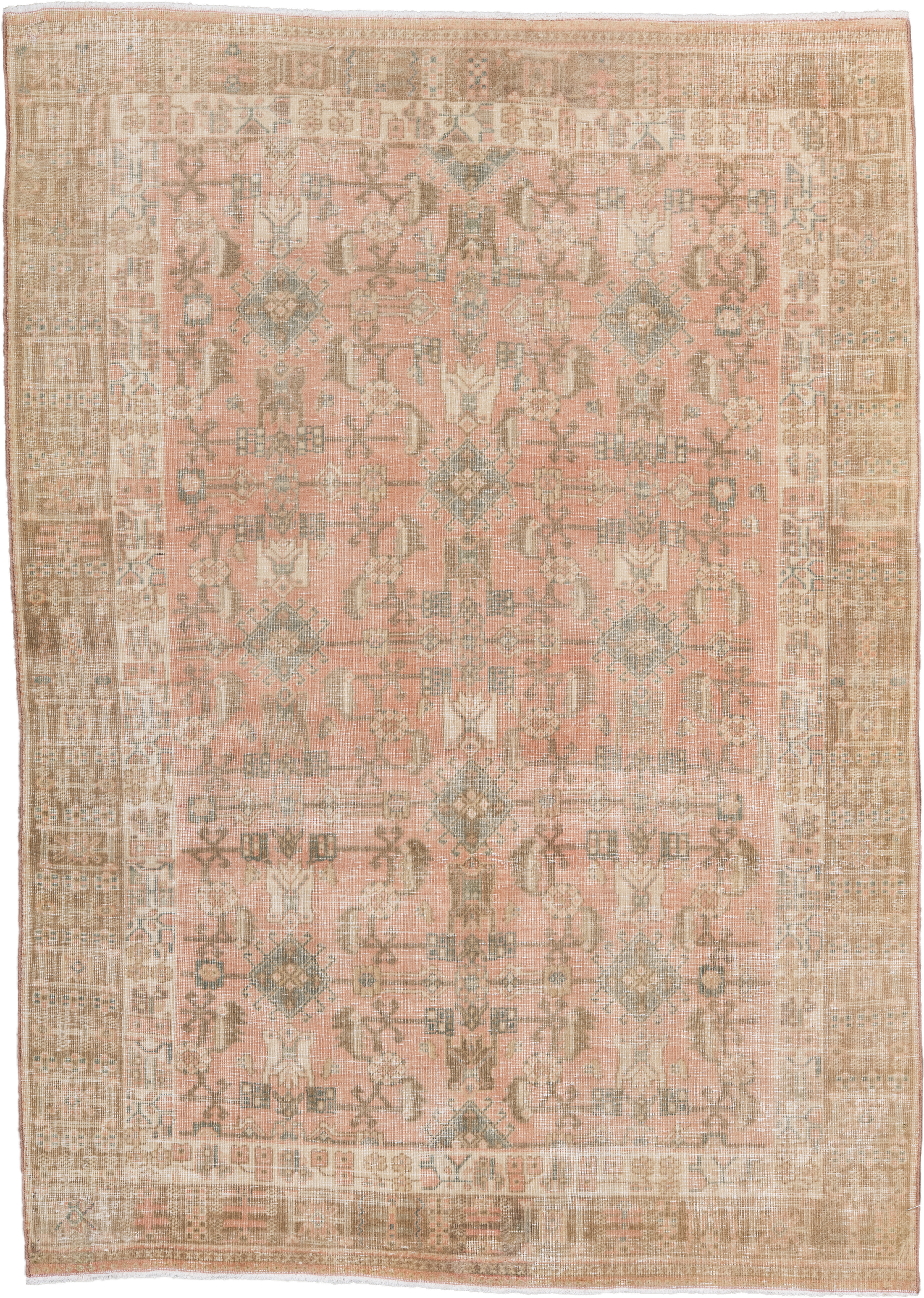3' x 5' one-of-a-kind handmade vintage Abadeh small size rug. Color palette: rose, taupe, camel, ivory, sage, peach, sand