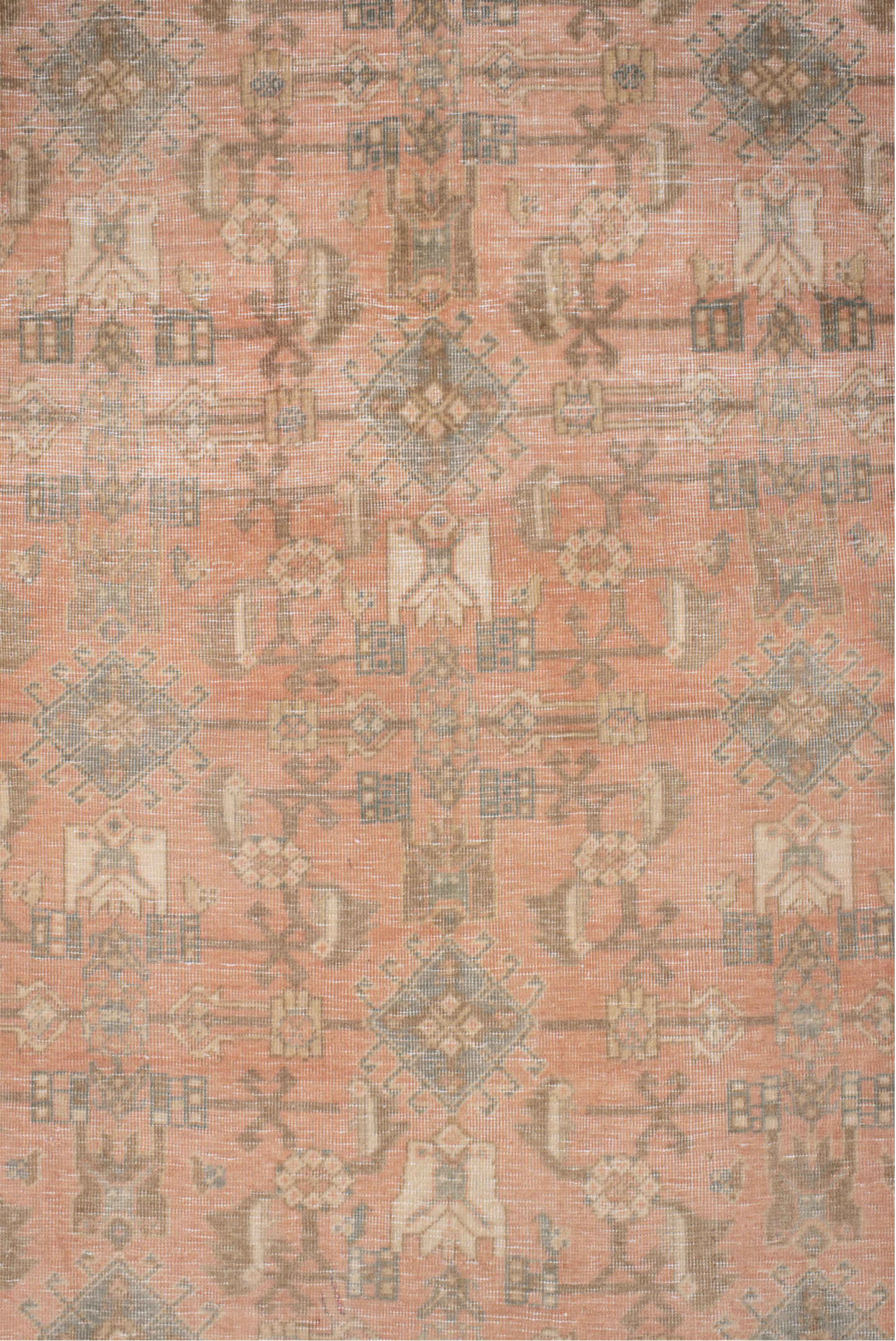 3' x 5' one-of-a-kind handmade vintage Abadeh small size rug. Color palette: rose, taupe, camel, ivory, sage, peach, sand