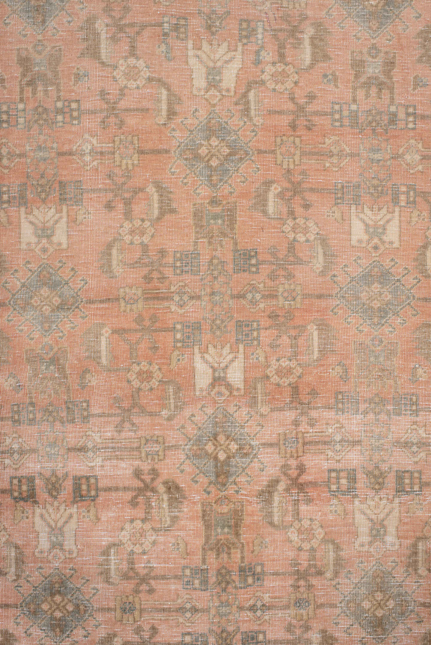 3' x 5' one-of-a-kind handmade vintage Abadeh small size rug. Color palette: rose, taupe, camel, ivory, sage, peach, sand