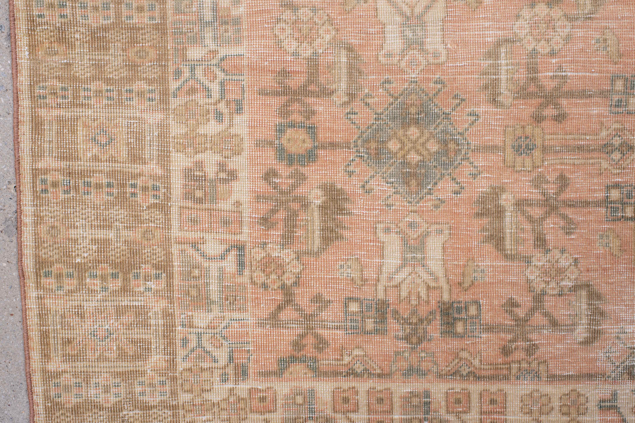 3' x 5' one-of-a-kind handmade vintage Abadeh small size rug. Color palette: rose, taupe, camel, ivory, sage, peach, sand