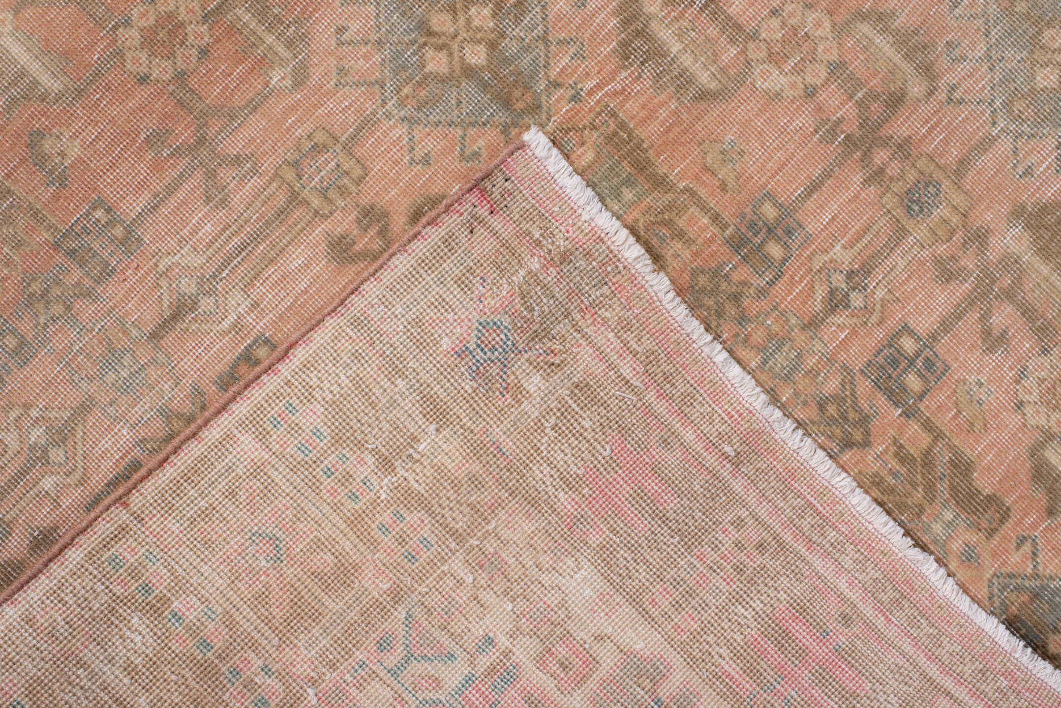3' x 5' one-of-a-kind handmade vintage Abadeh small size rug. Color palette: rose, taupe, camel, ivory, sage, peach, sand