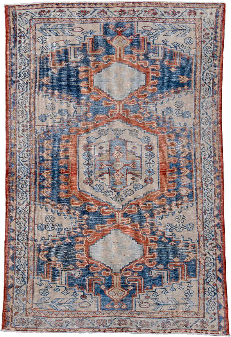 3' x 5' one-of-a-kind handmade antique Veece small size rug. Color palette: ivory, blue, rust, light blue, terra cotta