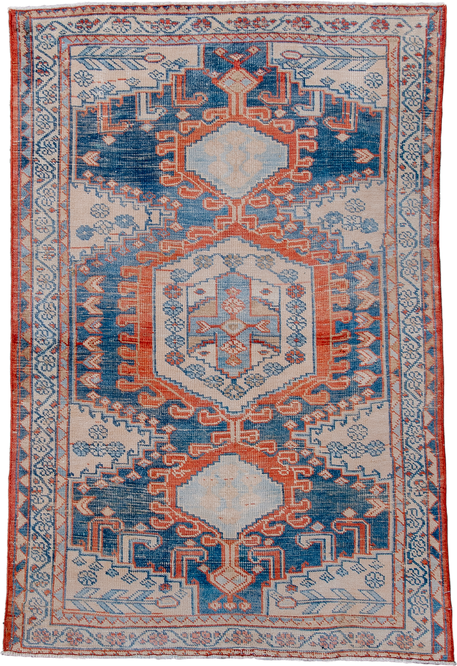 3' x 5' one-of-a-kind handmade antique Veece small size rug. Color palette: ivory, blue, rust, light blue, terra cotta