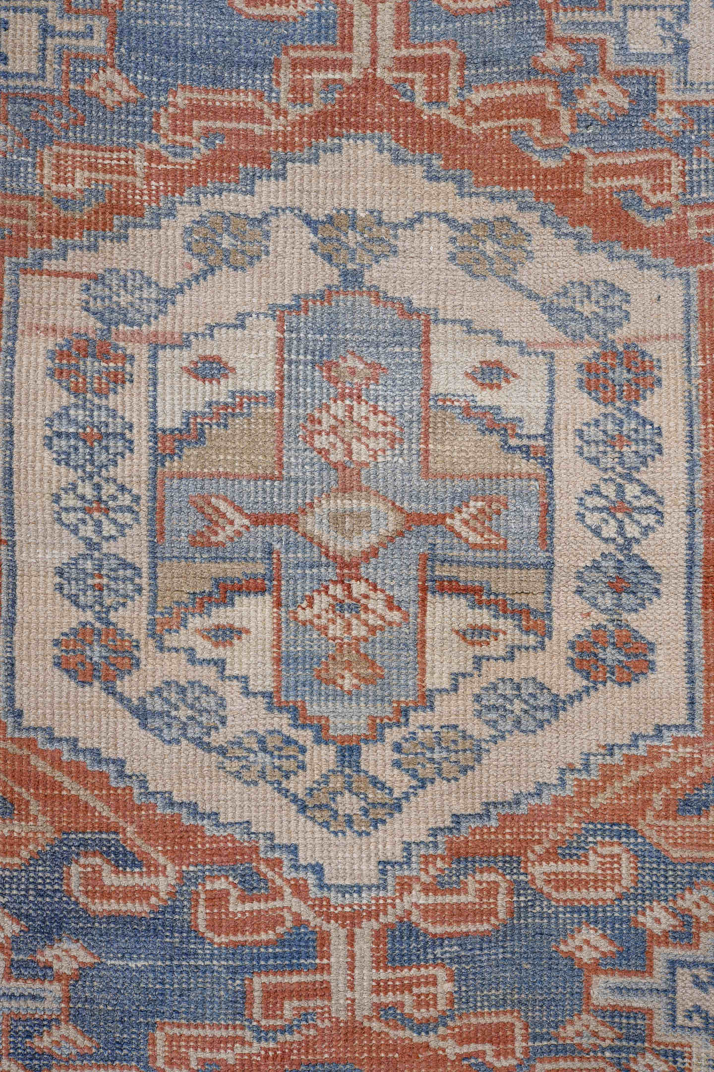 3' x 5' one-of-a-kind handmade antique Veece small size rug. Color palette: ivory, blue, rust, light blue, terra cotta