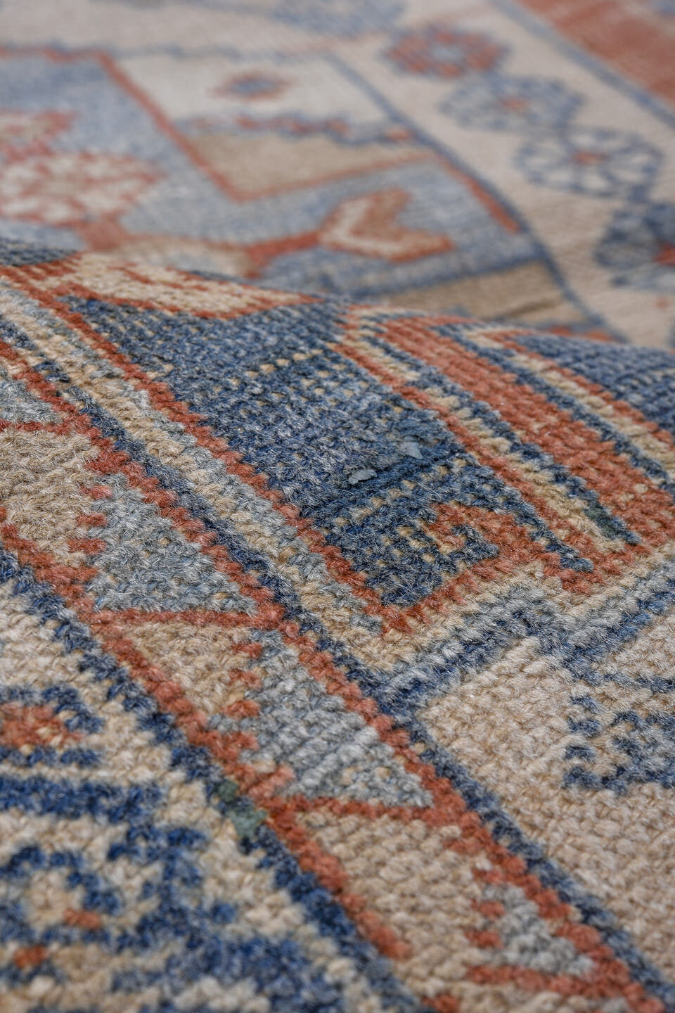3' x 5' one-of-a-kind handmade antique Veece small size rug. Color palette: ivory, blue, rust, light blue, terra cotta