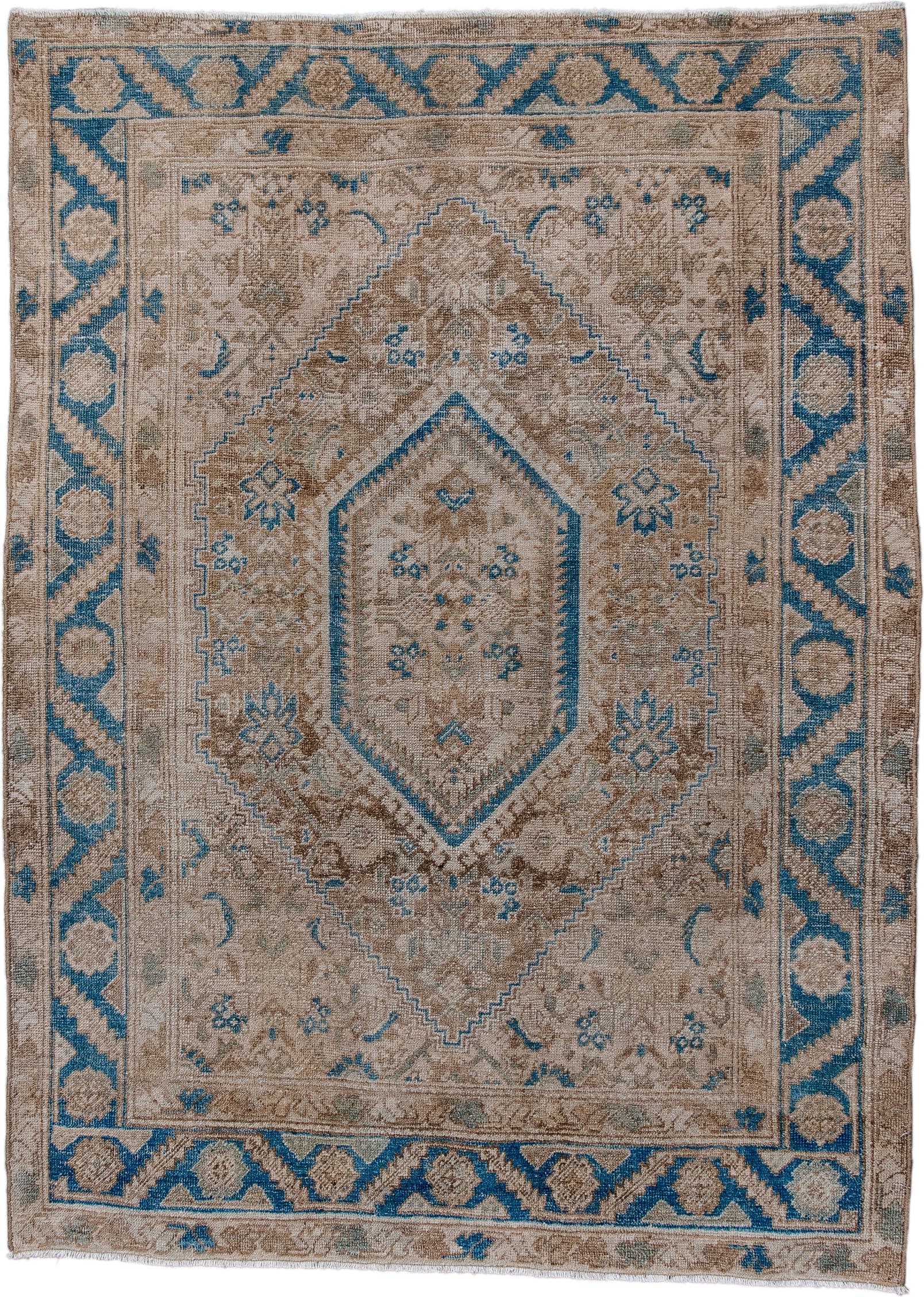 3' x 5' one-of-a-kind handmade antique Bidjar small size rug. Color palette: ivory, taupe, blue, beige, camel, slate, gray