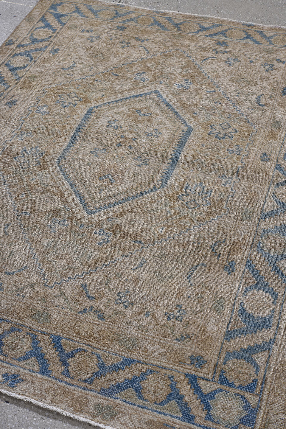 3' x 5' one-of-a-kind handmade antique Bidjar small size rug. Color palette: ivory, taupe, blue, beige, camel, slate, gray