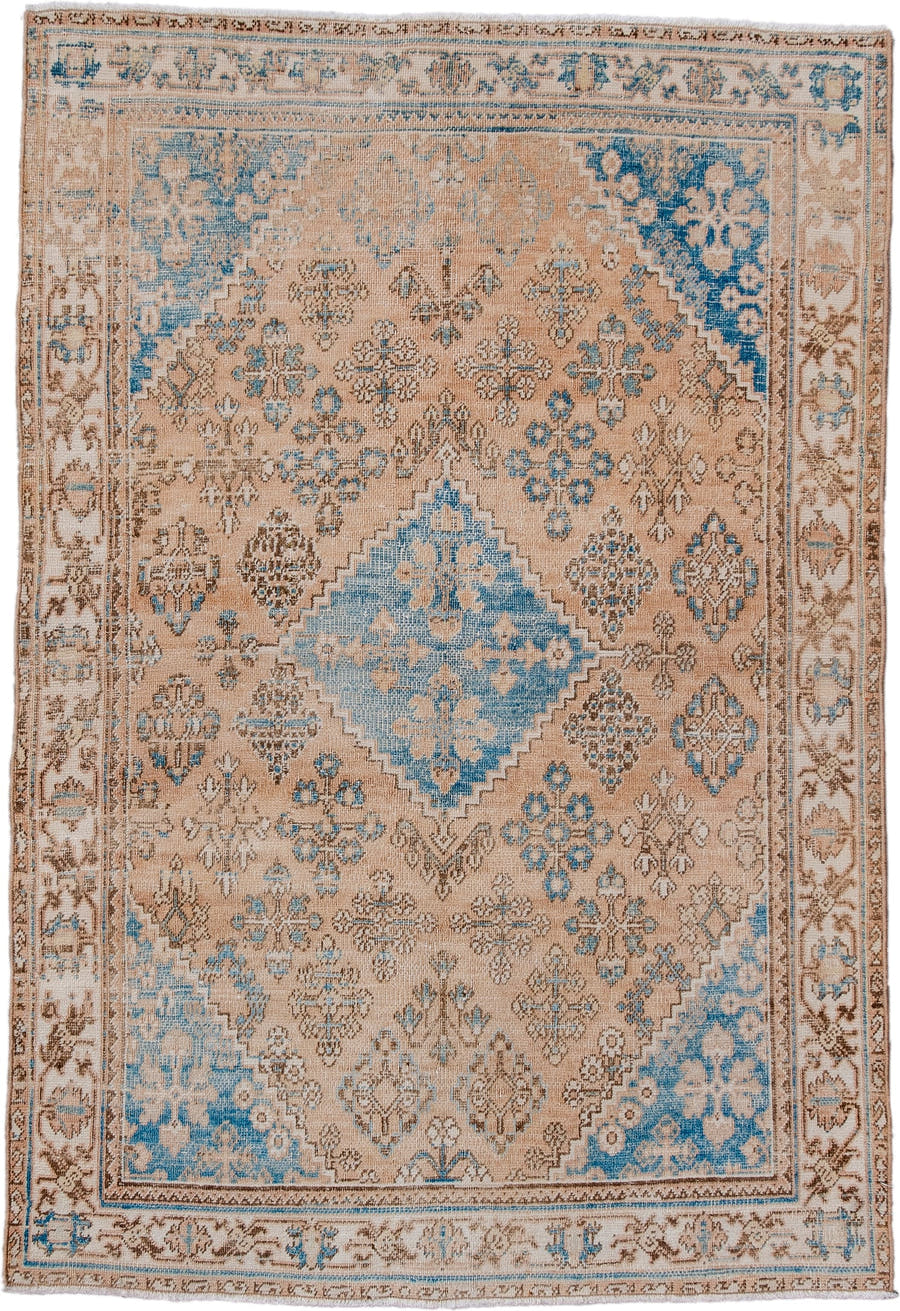 3' x 5' one-of-a-kind handmade antique Abadeh small size rug. Color palette: camel, ivory, pale blue, taupe, brown, beige