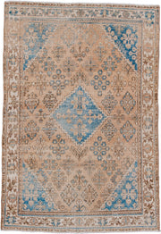 3' x 5' one-of-a-kind handmade antique Abadeh small size rug. Color palette: camel, ivory, pale blue, taupe, brown, beige