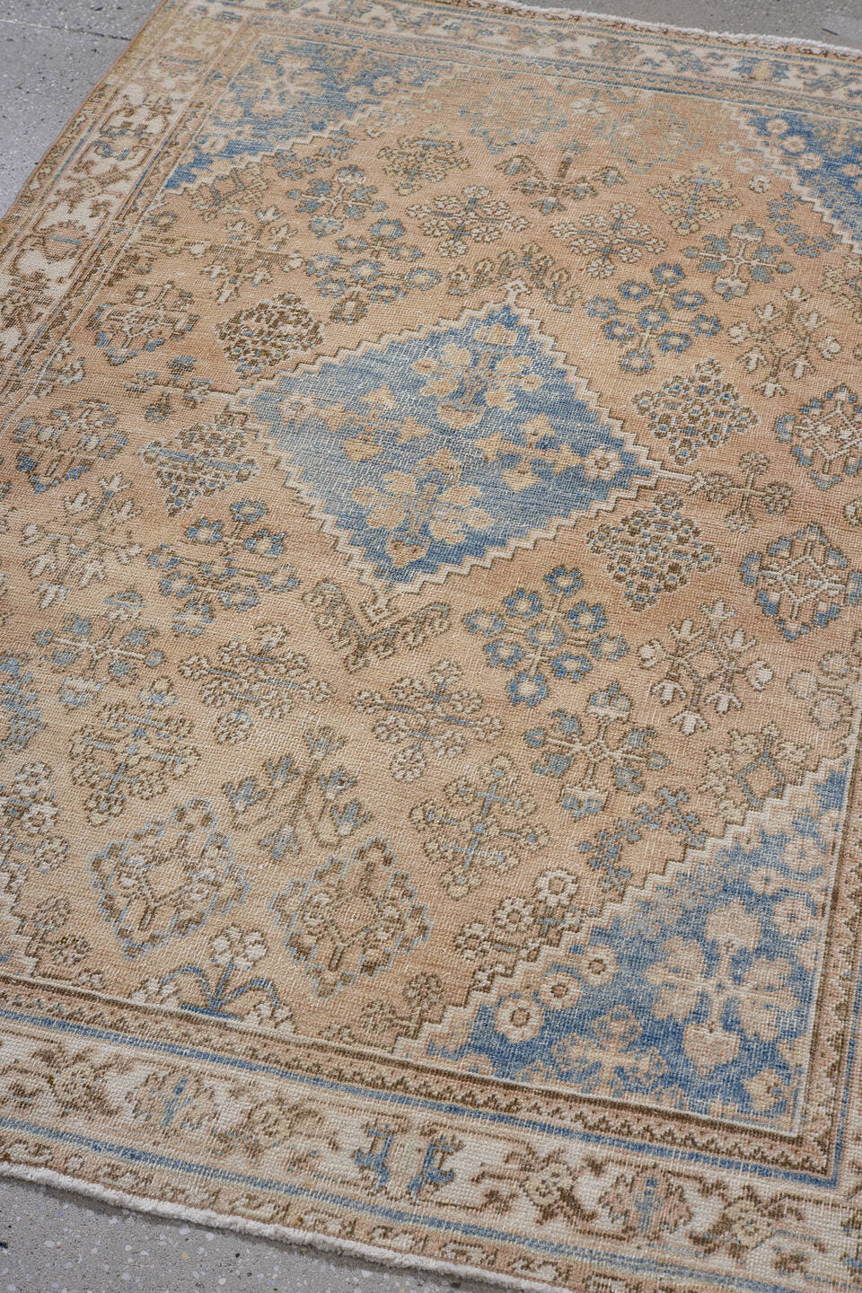 3' x 5' one-of-a-kind handmade antique Abadeh small size rug. Color palette: camel, ivory, pale blue, taupe, brown, beige