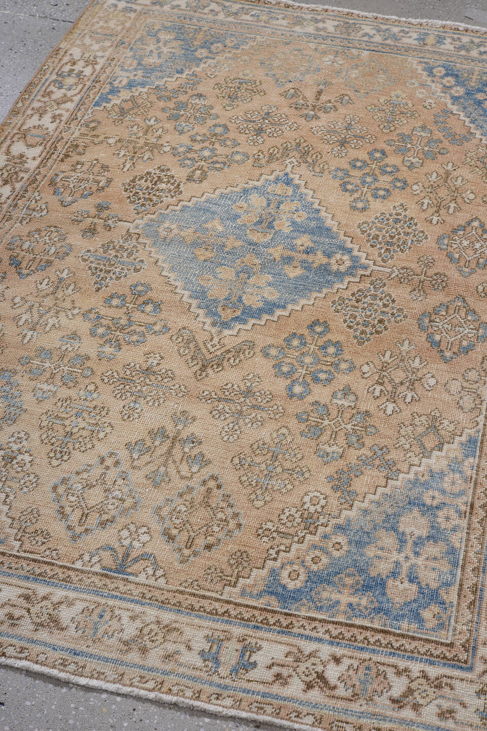 3' x 5' one-of-a-kind handmade antique Abadeh small size rug. Color palette: camel, ivory, pale blue, taupe, brown, beige