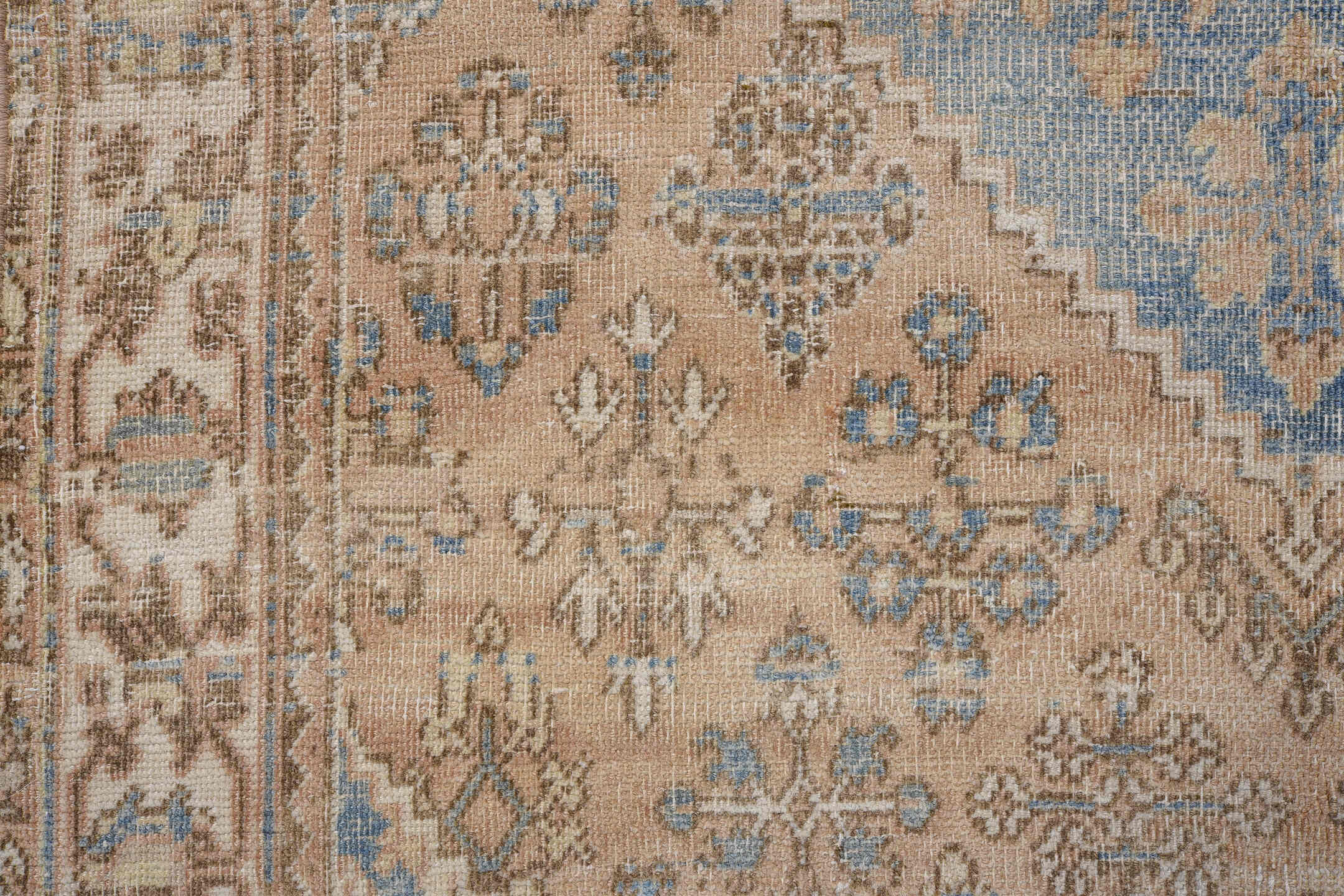 3' x 5' one-of-a-kind handmade antique Abadeh small size rug. Color palette: camel, ivory, pale blue, taupe, brown, beige