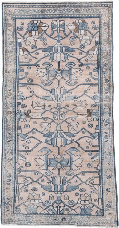 2' x 5' one-of-a-kind handmade antique Lilian small size rug. Color palette: ivory, slate, taupe, camel, blue_gray, gray
