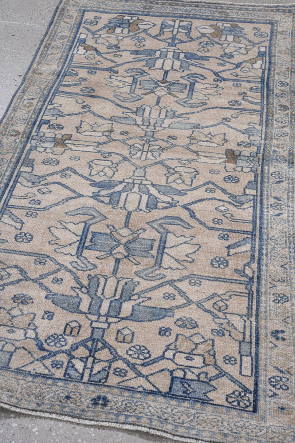 2' x 5' one-of-a-kind handmade antique Lilian small size rug. Color palette: ivory, slate, taupe, camel, blue_gray, gray