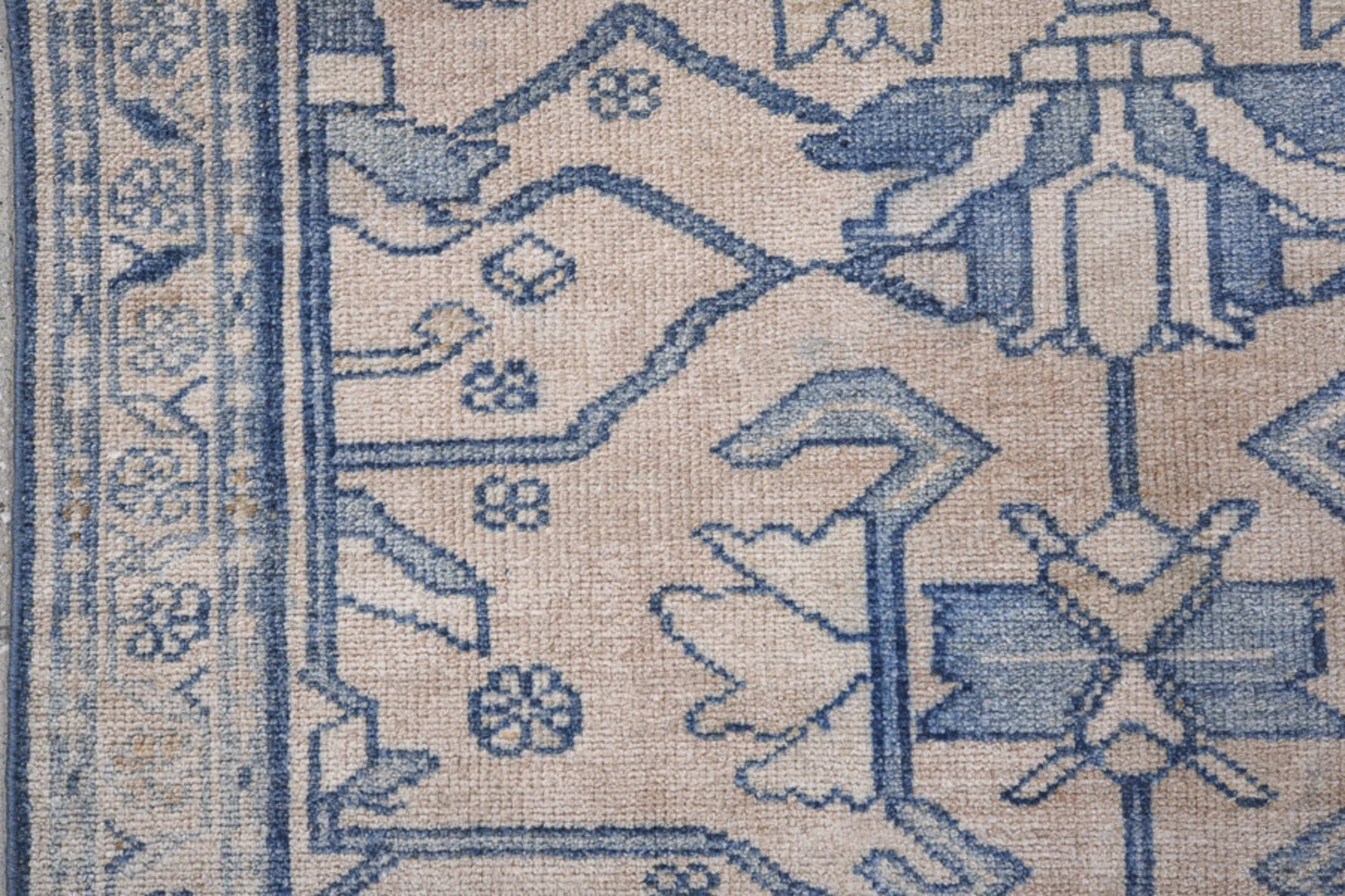 2' x 5' one-of-a-kind handmade antique Lilian small size rug. Color palette: ivory, slate, taupe, camel, blue_gray, gray