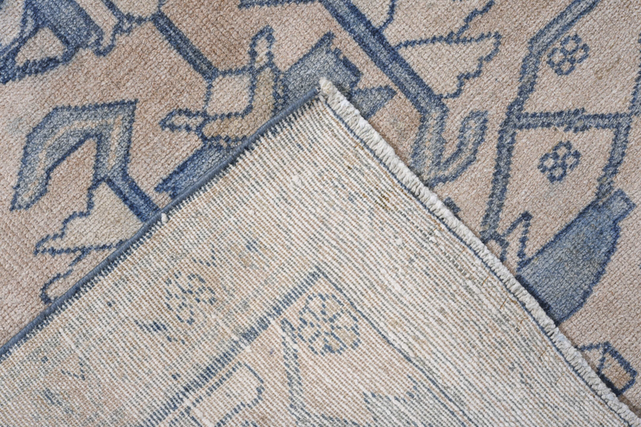 2' x 5' one-of-a-kind handmade antique Lilian small size rug. Color palette: ivory, slate, taupe, camel, blue_gray, gray