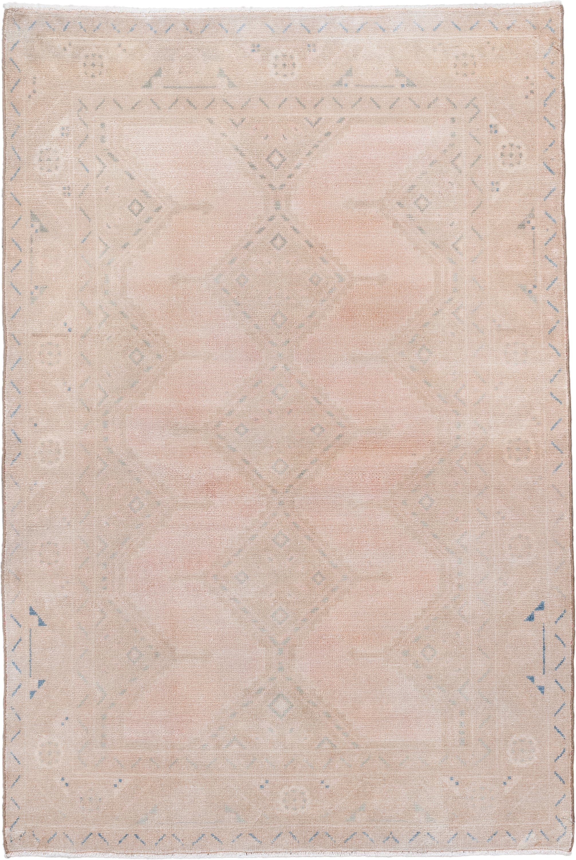 3' x 5' one-of-a-kind handmade vintage Hamadan small size rug. Color palette: blush, ivory, pale aqua, beige, taupe, pink