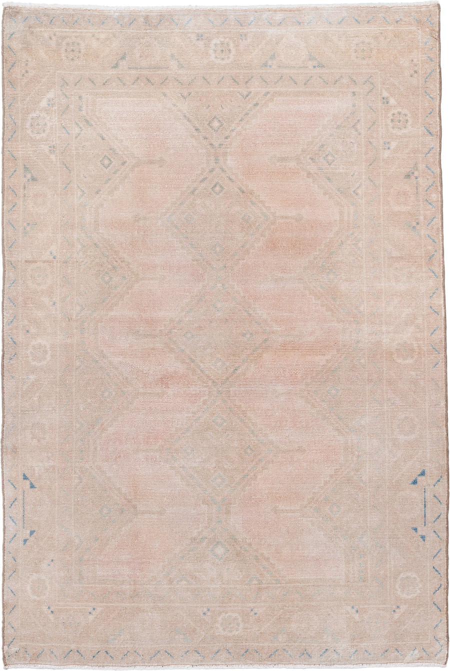 3' x 5' one-of-a-kind handmade vintage Hamadan small size rug. Color palette: blush, ivory, pale aqua, beige, taupe, pink