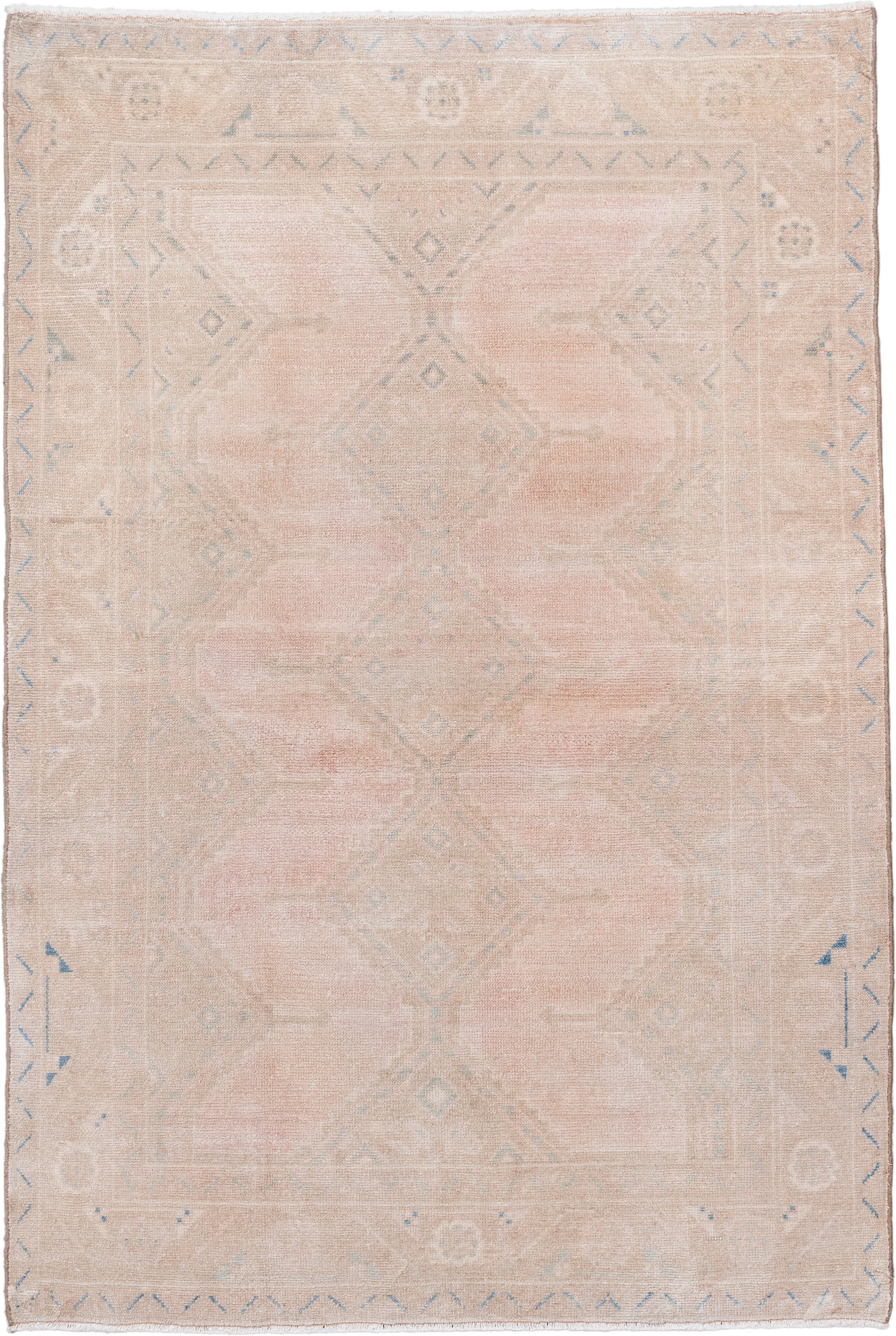 3' x 5' one-of-a-kind handmade vintage Hamadan small size rug. Color palette: blush, ivory, pale aqua, beige, taupe, pink