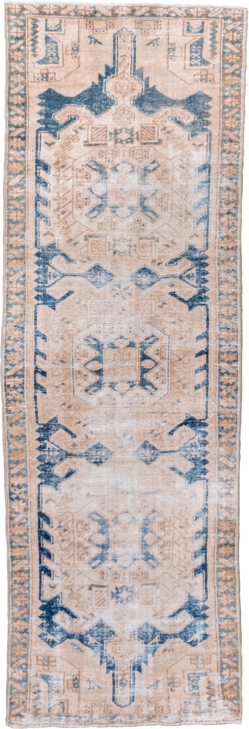 3' x 9' one-of-a-kind handmade vintage Hamadan runner rug. Color palette: ivory, sand, denim_blue, beige, taupe, blue, gray