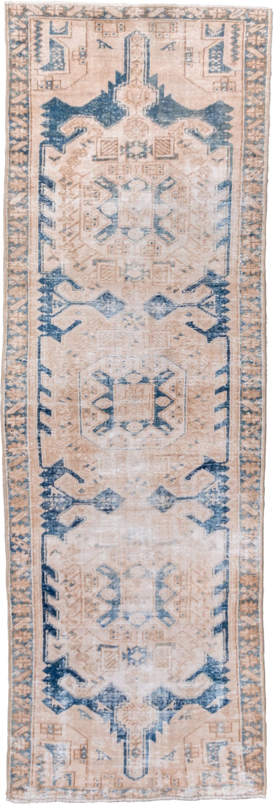 3' x 9' one-of-a-kind handmade vintage Hamadan runner rug. Color palette: ivory, sand, denim_blue, beige, taupe, blue, gray