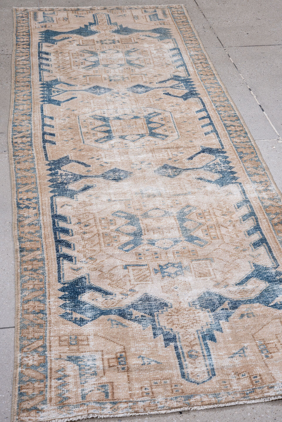 3' x 9' one-of-a-kind handmade vintage Hamadan runner rug. Color palette: ivory, sand, denim_blue, beige, taupe, blue, gray