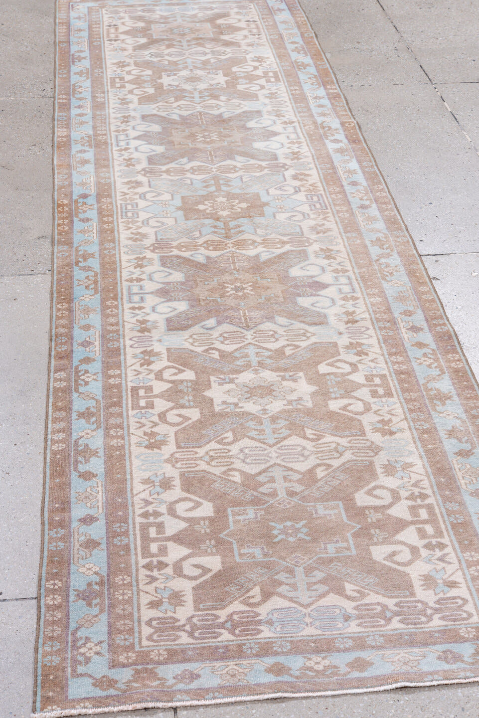 2' x 9' one-of-a-kind handmade antique Sivas runner rug. Color palette: blush, ivory, pale blue, taupe, camel, pink