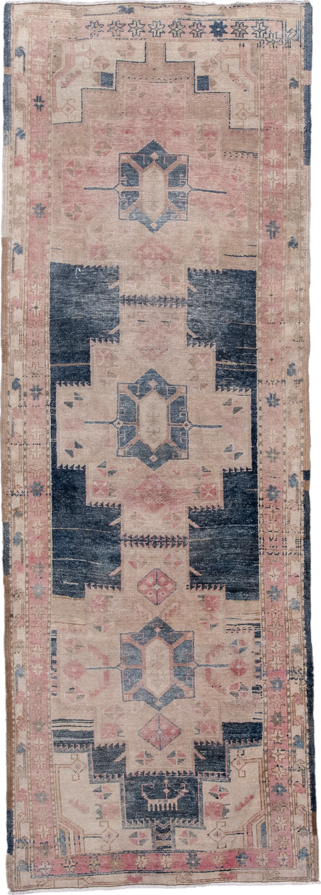 3' x 10' one-of-a-kind handmade antique Meshkin runner rug. Color palette: blush, indigo, ivory, rose, taupe, charcoal, pink