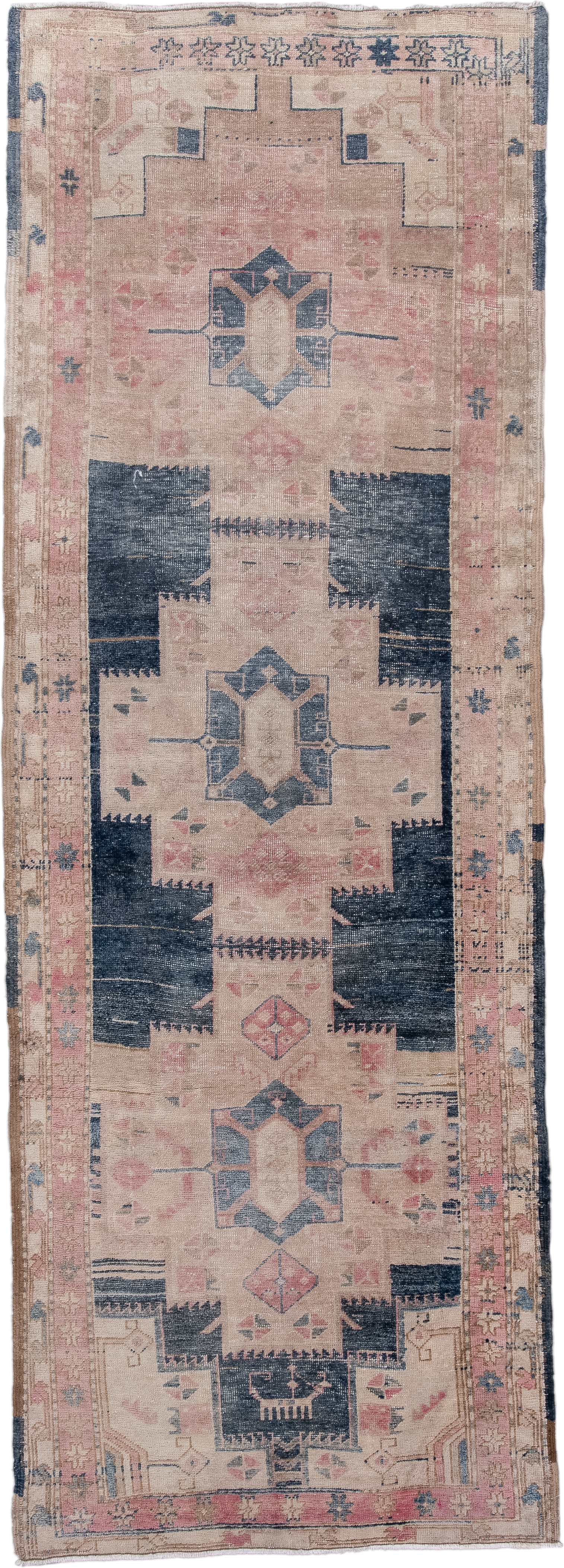 3' x 10' one-of-a-kind handmade antique Meshkin runner rug. Color palette: blush, indigo, ivory, rose, taupe, charcoal, pink