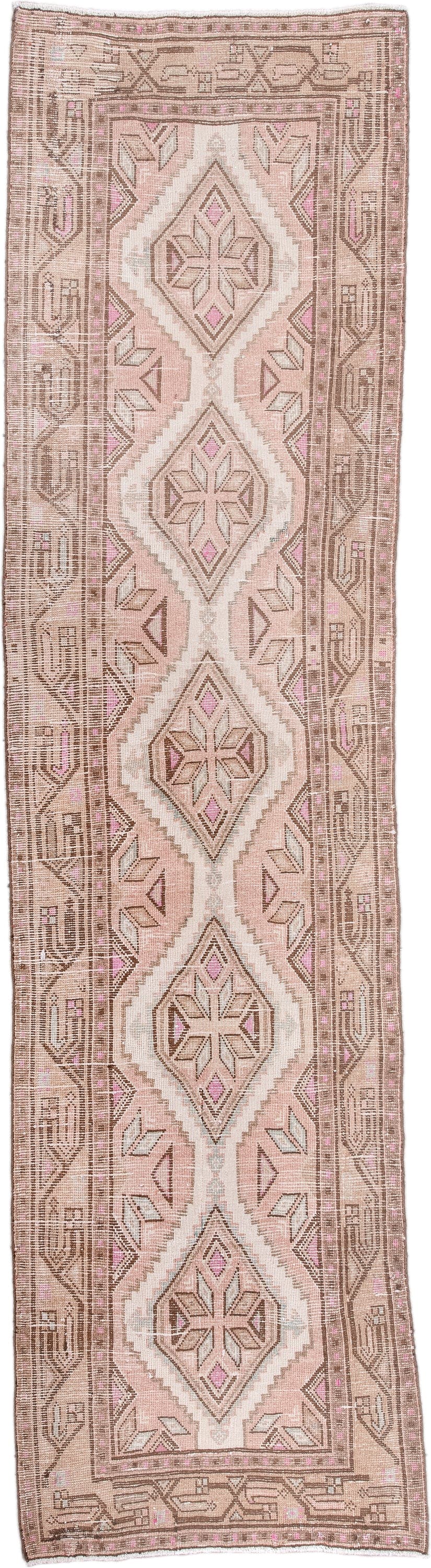 2' x 9' one-of-a-kind handmade antique Sarab runner rug. Color palette: blush, taupe, ivory, brown, rose, camel, pink, beige