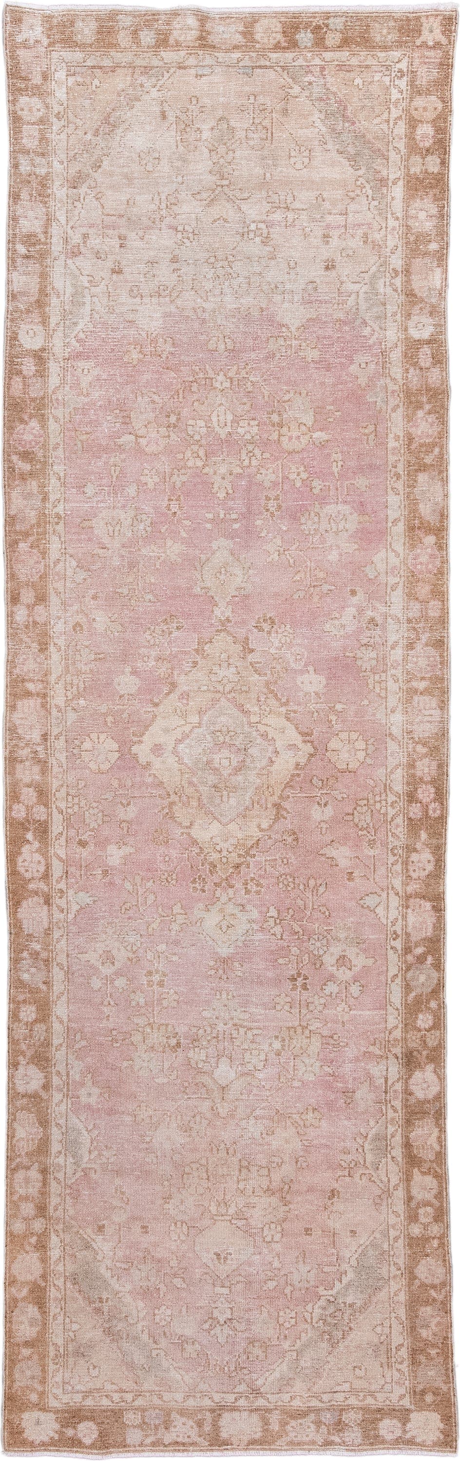 3' x 10' one-of-a-kind handmade antique Dargazin runner rug. Color palette: blush, ivory, taupe, rose, beige, pink, gray