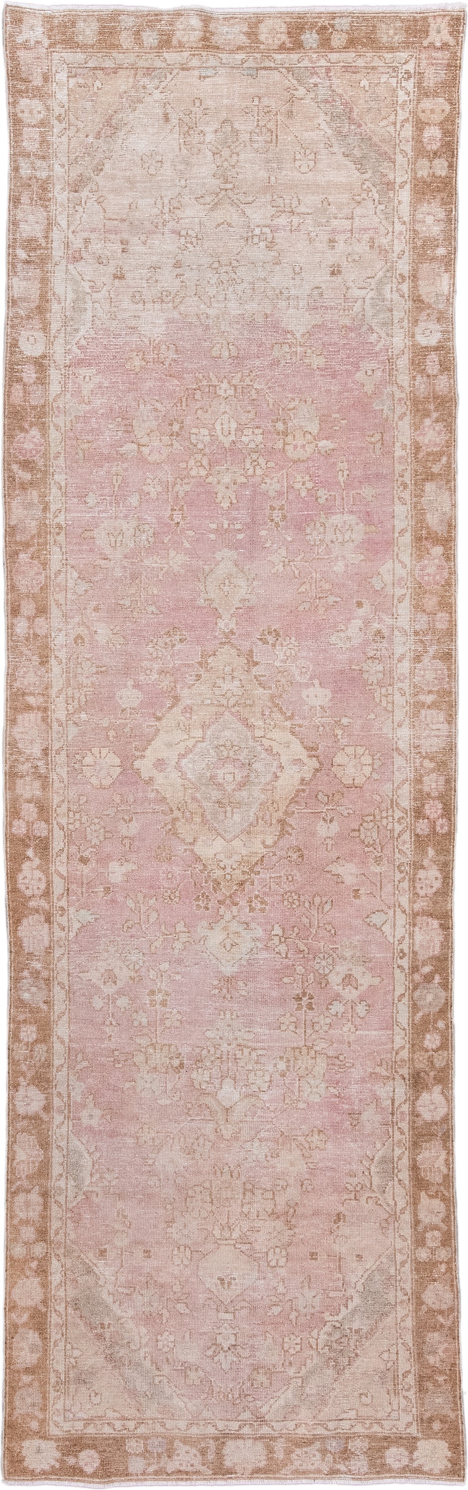3' x 10' one-of-a-kind handmade antique Dargazin runner rug. Color palette: blush, ivory, taupe, rose, beige, pink, gray