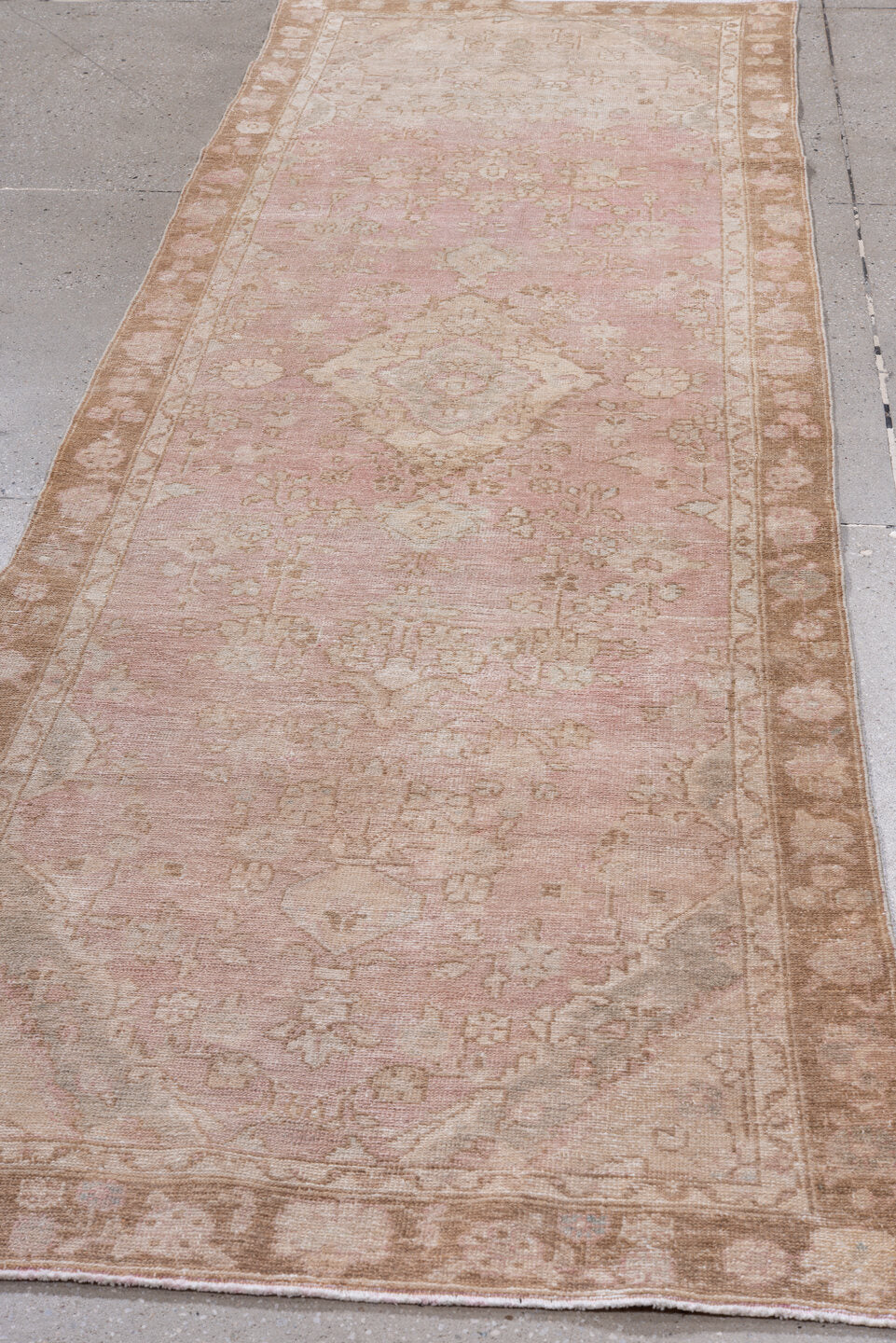 3' x 10' one-of-a-kind handmade vintage Dargazin runner rug. Color palette: brown, gray, light gray, off-white, pink, snow