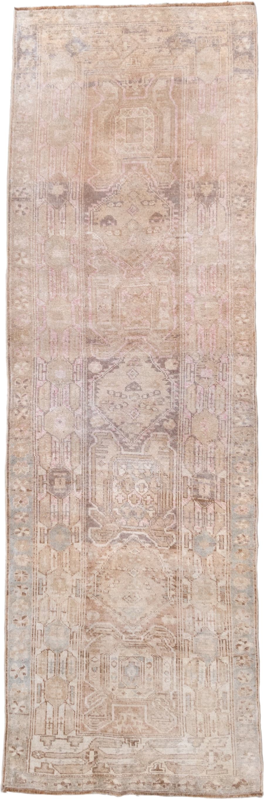 3' x 10' one-of-a-kind handmade vintage Sarab runner rug. Color palette: blush, ivory, taupe, pale blue, beige, sand, camel