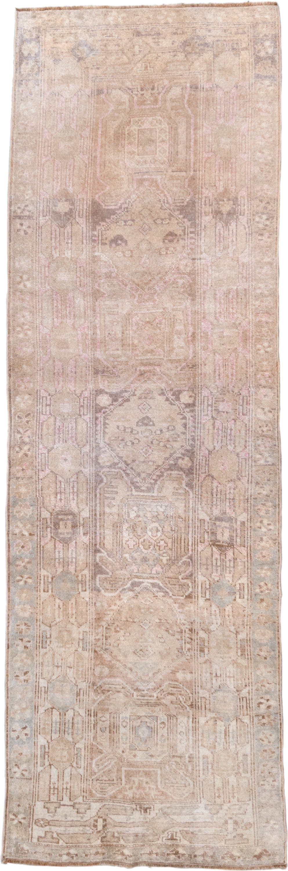 3' x 10' one-of-a-kind handmade vintage Sarab runner rug. Color palette: blush, ivory, taupe, pale blue, beige, sand, camel