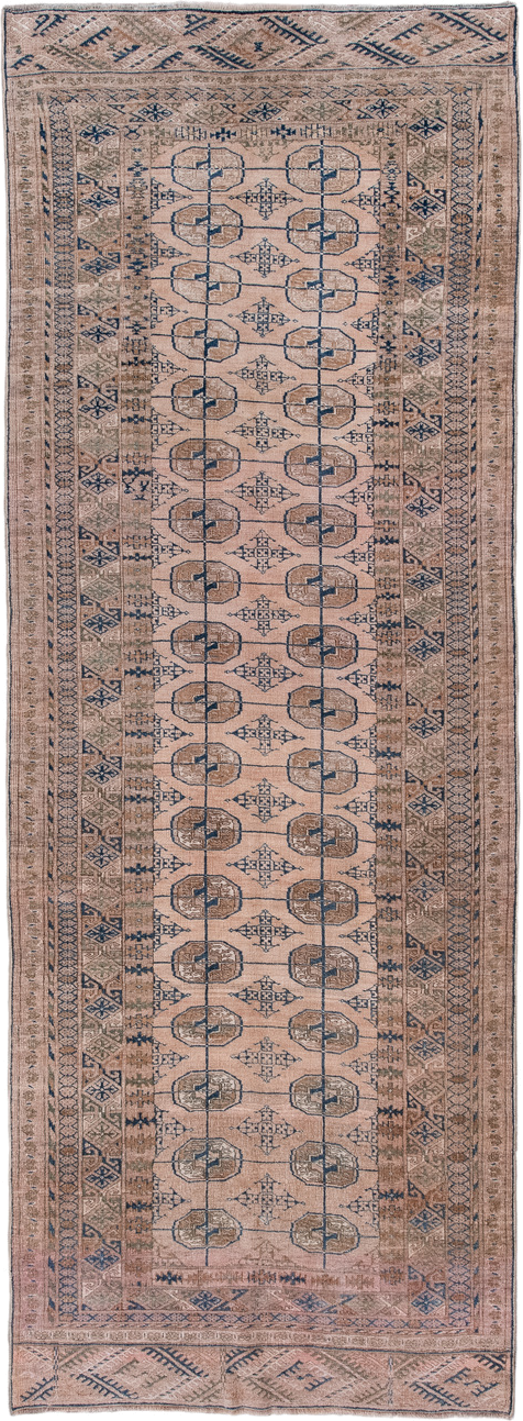 3' x 9' one-of-a-kind handmade antique Bokara runner rug. Color palette: taupe, dusty rose, slate, ivory, camel, brown