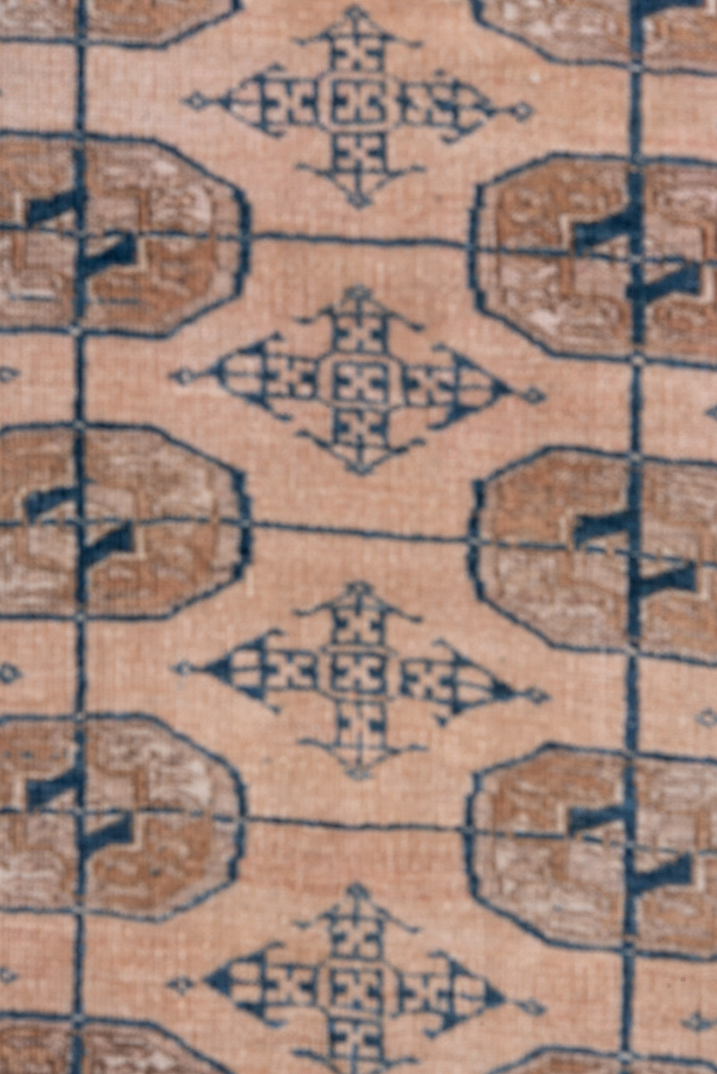 3' x 9' one-of-a-kind handmade antique Bokara runner rug. Color palette: taupe, dusty rose, slate, ivory, camel, brown